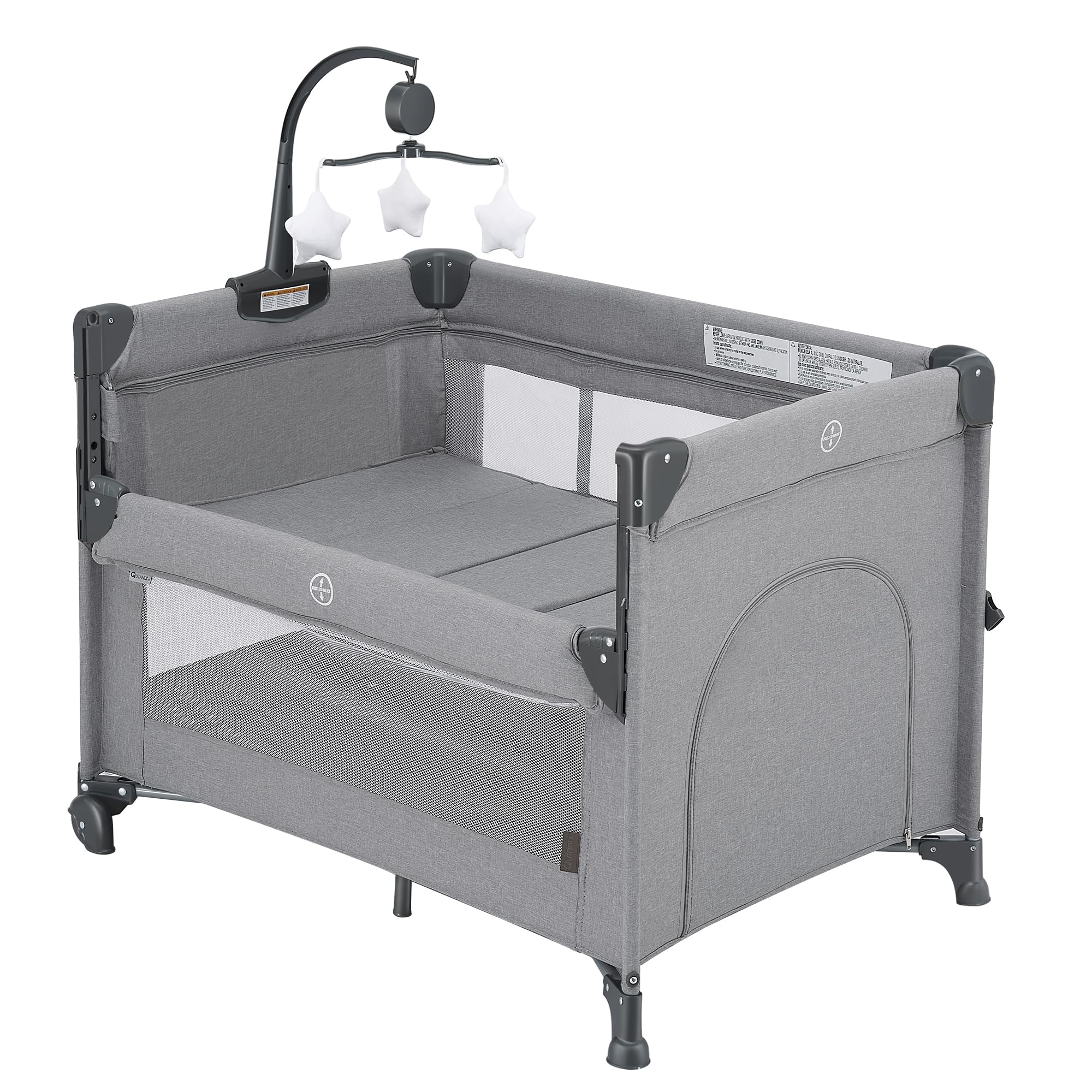 2-in-1 Baby Playard & Portable Crib with Bassinet - Easy Fold Playpen with Music Mobile for Newborn to Toddlers, Grey | Perfect for Nursery, Travel & Daycare Use