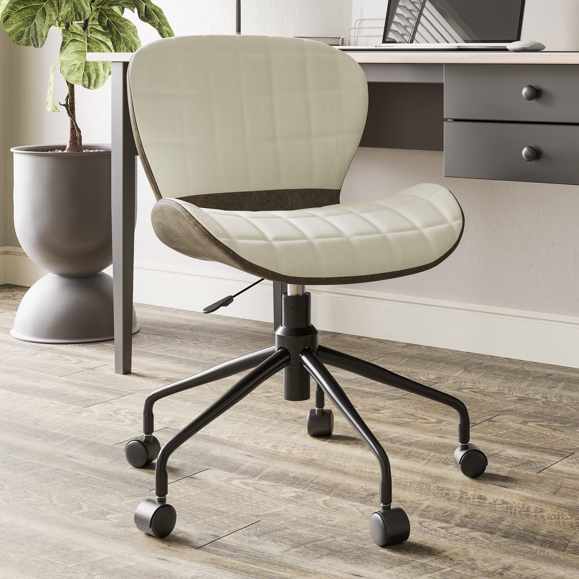 BELLEZE Modern Upholstered Linen Desk Chair with Swivel Wheels & Adjustable Height - Ergonomic Rolling Office Chair for Home Office, Study Room or Vanity Table - Contemporary Task Chair in Brown Beige (Melina)