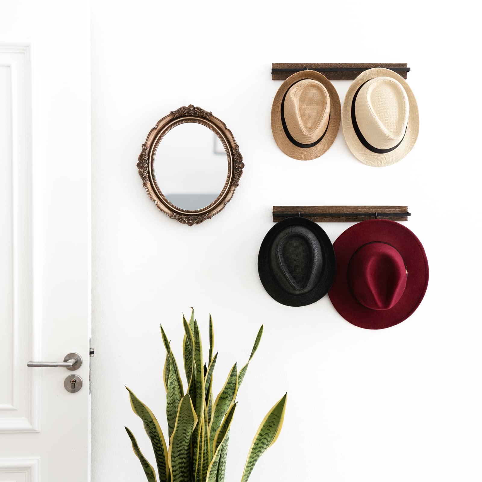 MKONO 3-Pack Wooden Wall Hat Rack & Tie Organizer - 20 Non-Slip Hooks for Baseball Caps & Accessories - Space Saving Closet Storage Solution for Men's Wardrobe Organization