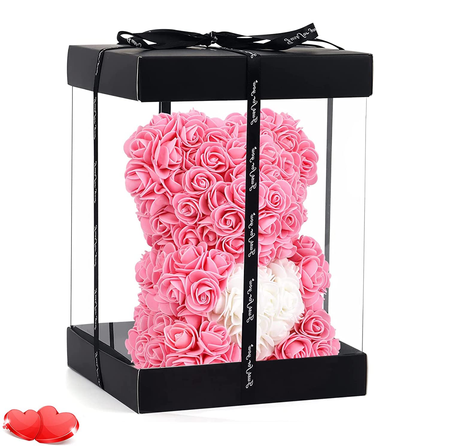 Pink Rose Teddy Bear Gift - 10 Inch Floral Bear with 250+ Roses in Clear Gift Box, Unique Valentine's Day Gift for Girlfriend, Wife, Mom, Daughter | Romantic Birthday, Anniversary, Wedding Present
