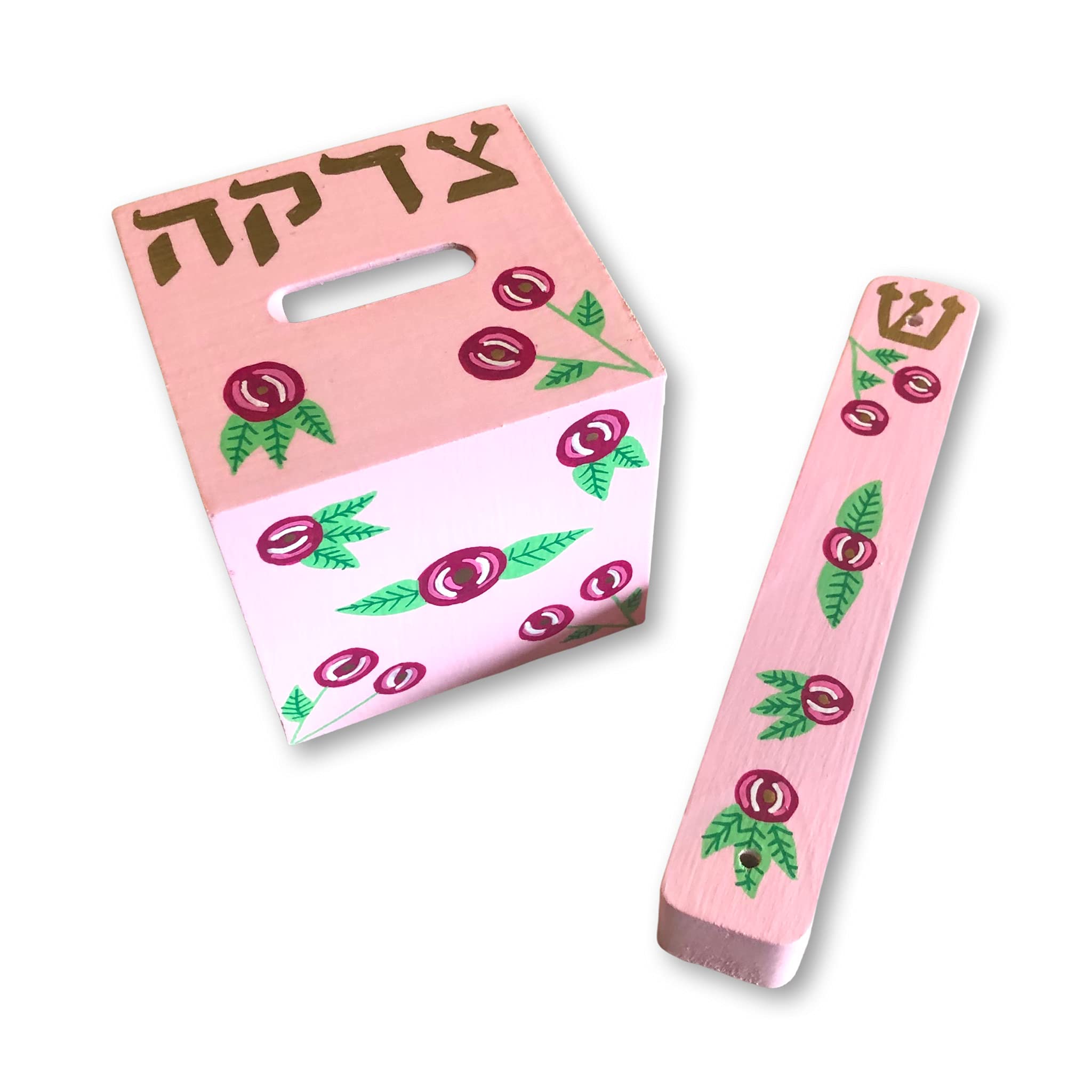 Beautiful Hamsa Mezuzah Tzedakah Box Set - Jewish Baby Naming Gift with Pink Roses Design - Perfect for Bar Mitzvah, Housewarming & Jewish Home Decor