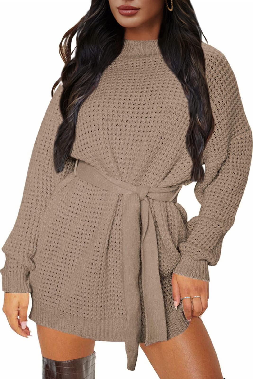ZESICA Women's Long Sleeve Waffle Knit Tie Waist Tunic Sweater Dress - Fall Winter Pullover for Casual Outings, Office Wear & Holiday Outfits