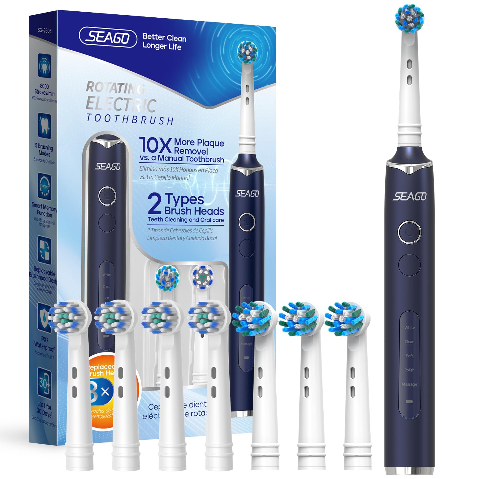 SEAGO Sonic Electric Toothbrush with 8 Replacement Brush Heads - 5 Cleaning Modes, Teeth Whitening in 14 Days, Waterproof Design for Adults & Kids (Blue, Model SG-2603) - Perfect for Home, Travel & Daily Oral Care