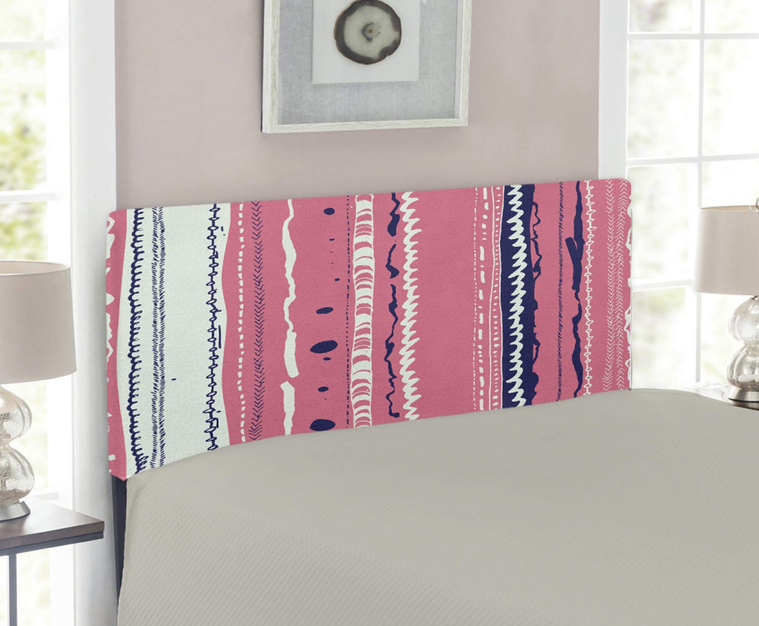 Ambesonne Coral Upholstered Headboard with Memory Foam - Abstract Pastel Doodle Lines & Vertical Stripes Design - Twin Size Decorative Metal Bed Frame - Perfect for Coastal, Boho & Modern Bedroom Decor