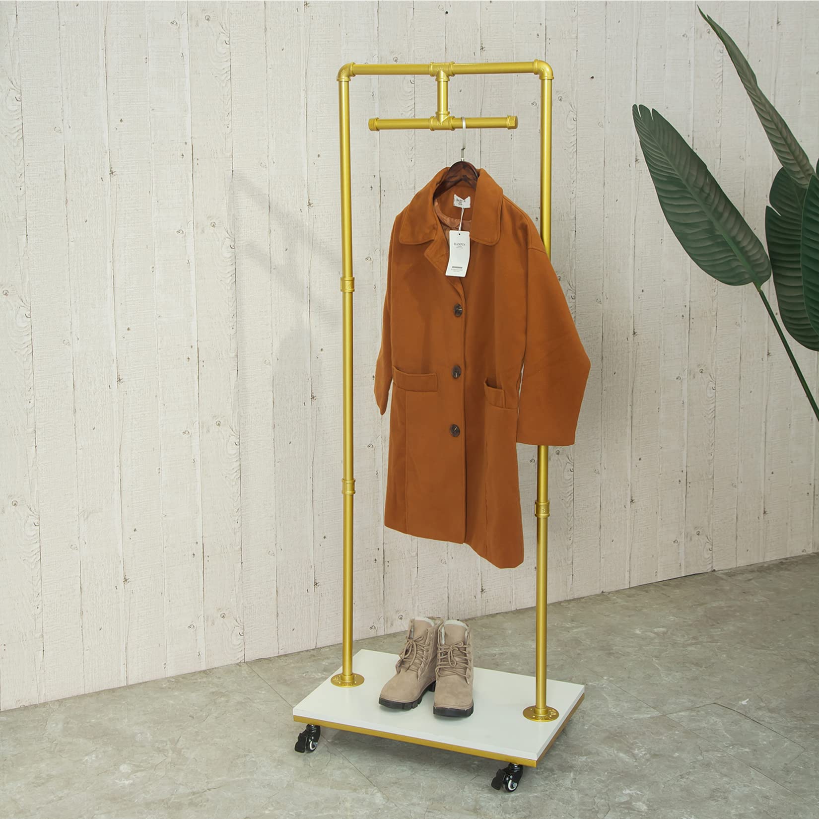 Industrial Pipe Rolling Garment Rack with Wheels - Heavy Duty Clothing Storage Display Stand, Adjustable Floor Standing Hanging Rod for Clothes, Hangers & Shelves (Gold) - Perfect for Retail Stores, Boutiques & Home Closet Organization