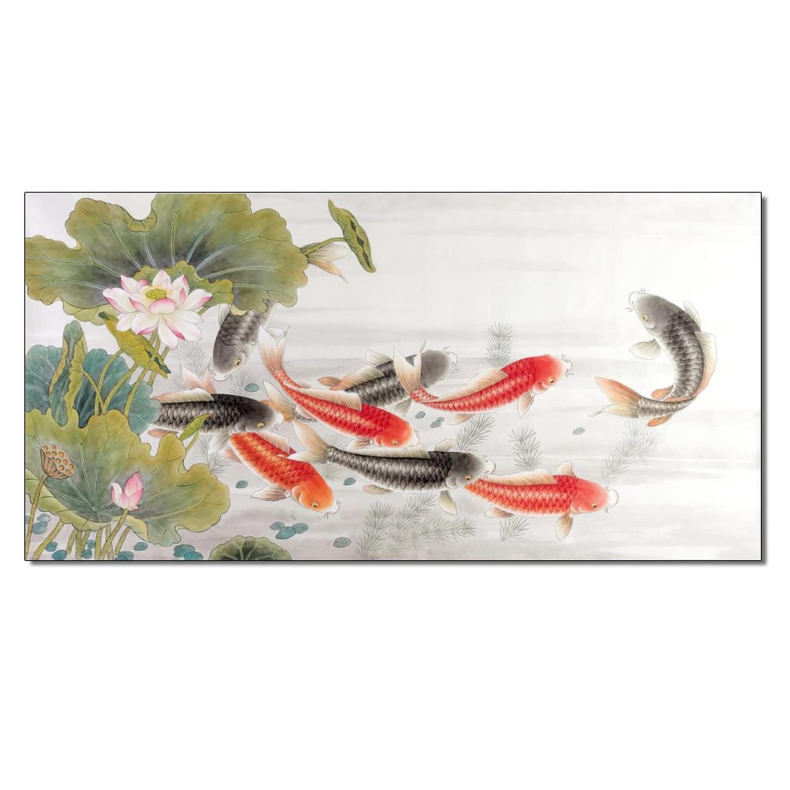 Chinese Style Watercolor Koi Fish & Lotus Canvas Print - Abstract Colorful Oil Painting Wall Art Poster for Home Decor (12x24) - Perfect for Bedroom, Living Room & Office Wall Decor