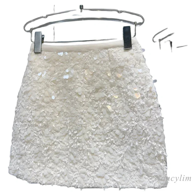 Elegant White A-Line Skirt for Women - Chic Sequined Tweed Short Skirt | Autumn Fashion, Celebrity Style | Perfect for Parties, Dates & Office Wear