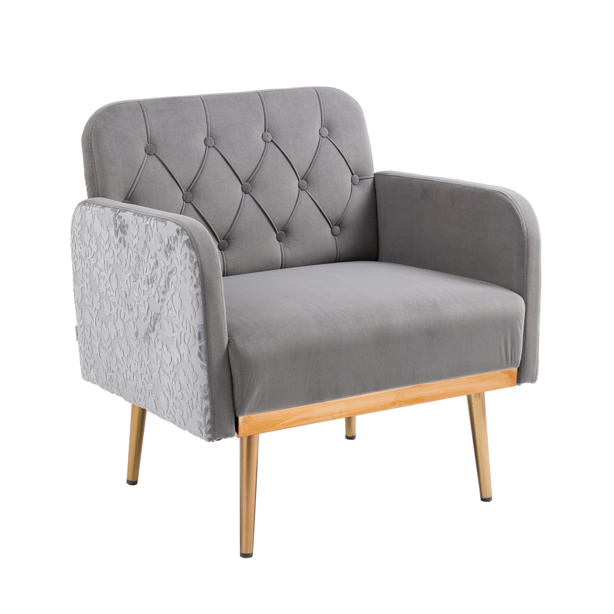Tmosi Velvet Accent Chair with Gold Metal Legs - Tufted Upholstered Club Chair for Living Room, Bedroom & Office - Comfortable Reading Armchair for Small Spaces (Grey) - Perfect for Relaxing, Reading & Home Decor