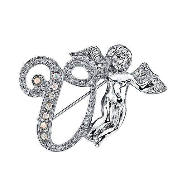 1928 Jewelry Aurore Boreale Crystal Angel Initial Pin - Elegant Personalized Initial Brooch for Women, Gift for Her, Perfect for Weddings, Anniversaries & Special Occasions