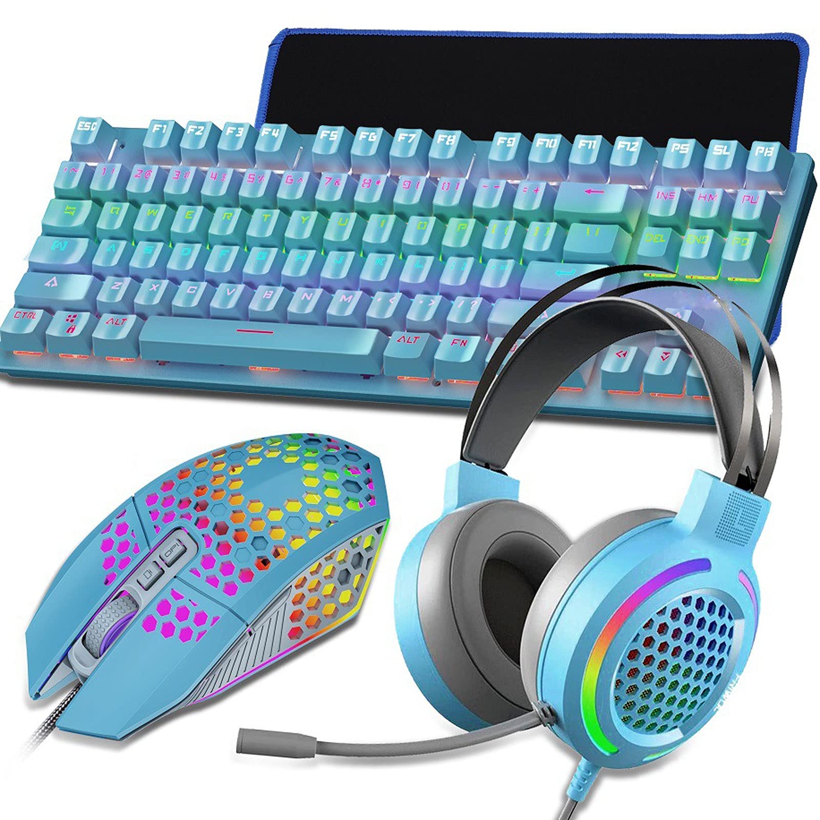 Wired Mechanical Keyboard Mouse Headset Combo - Green Switch Gaming Keyboard, RGB Gaming Mouse & Headphones for PC/Laptop - Perfect for FPS, MOBA & Esports Gaming (Blue)