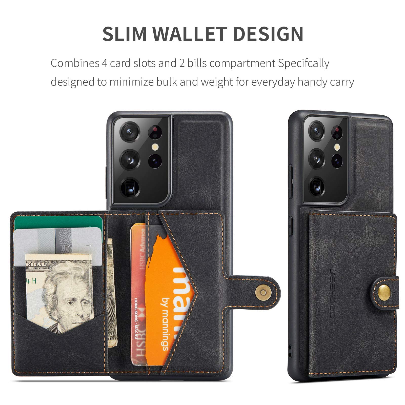 Magnetic Wallet Case for Samsung S21 Ultra - Detachable Leather Credit Card Holder with Money Clip | Front Pocket Stand | Shockproof & Wireless Charging Compatible | for Men & Women (Black) | Perfect for Everyday Use, Travel & Business Meetings