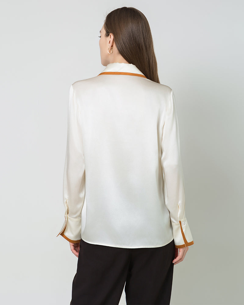 Elegant Contrast Collar Silk Blouse for Women - Luxury Office & Evening Wear - Perfect for Business, Parties & Special Occasions