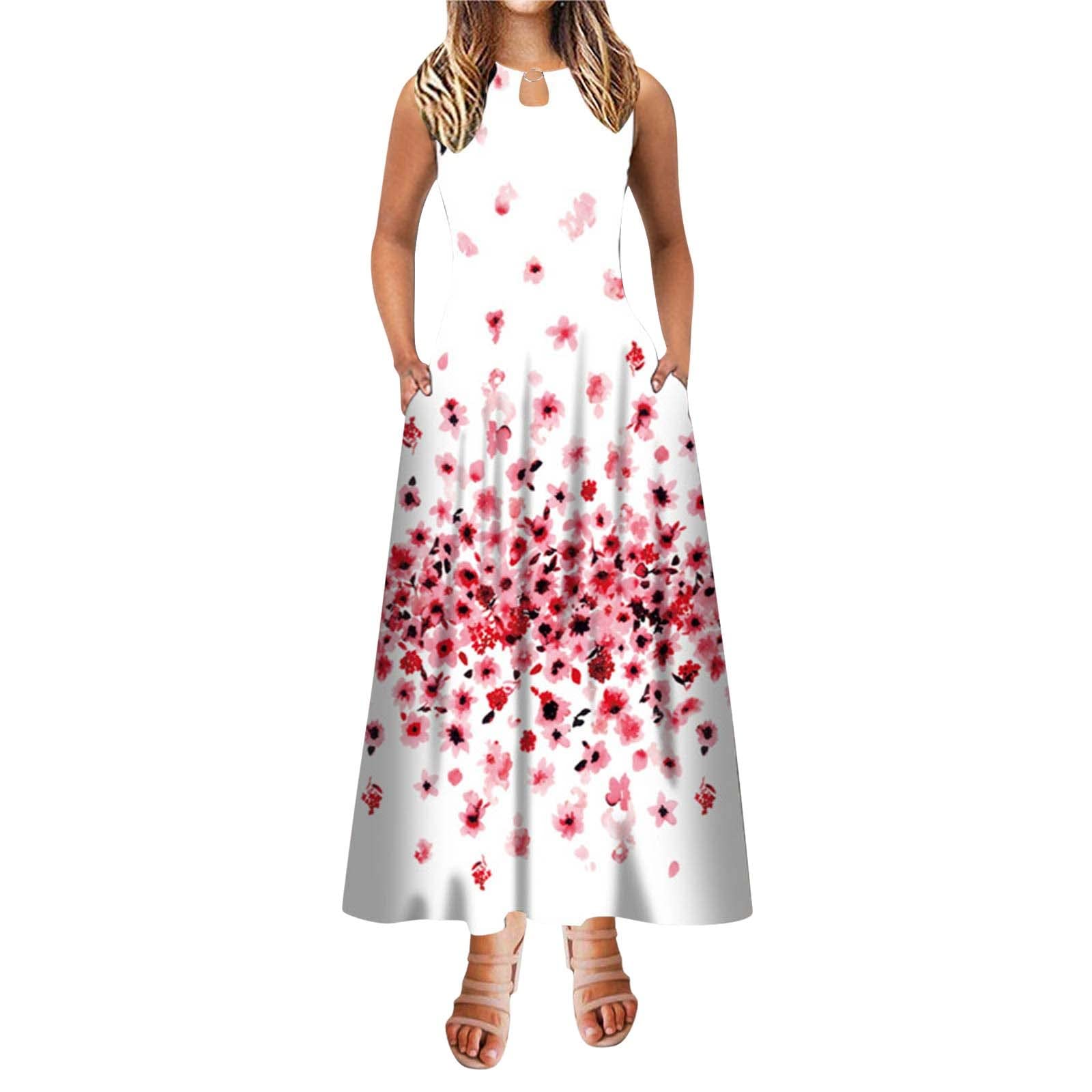 Floral Print Sleeveless Scoop Neck Maxi Dress for Women - A-Line Summer Long Dress with Pockets | Perfect for Beach Vacations, Casual Outings & Summer Parties
