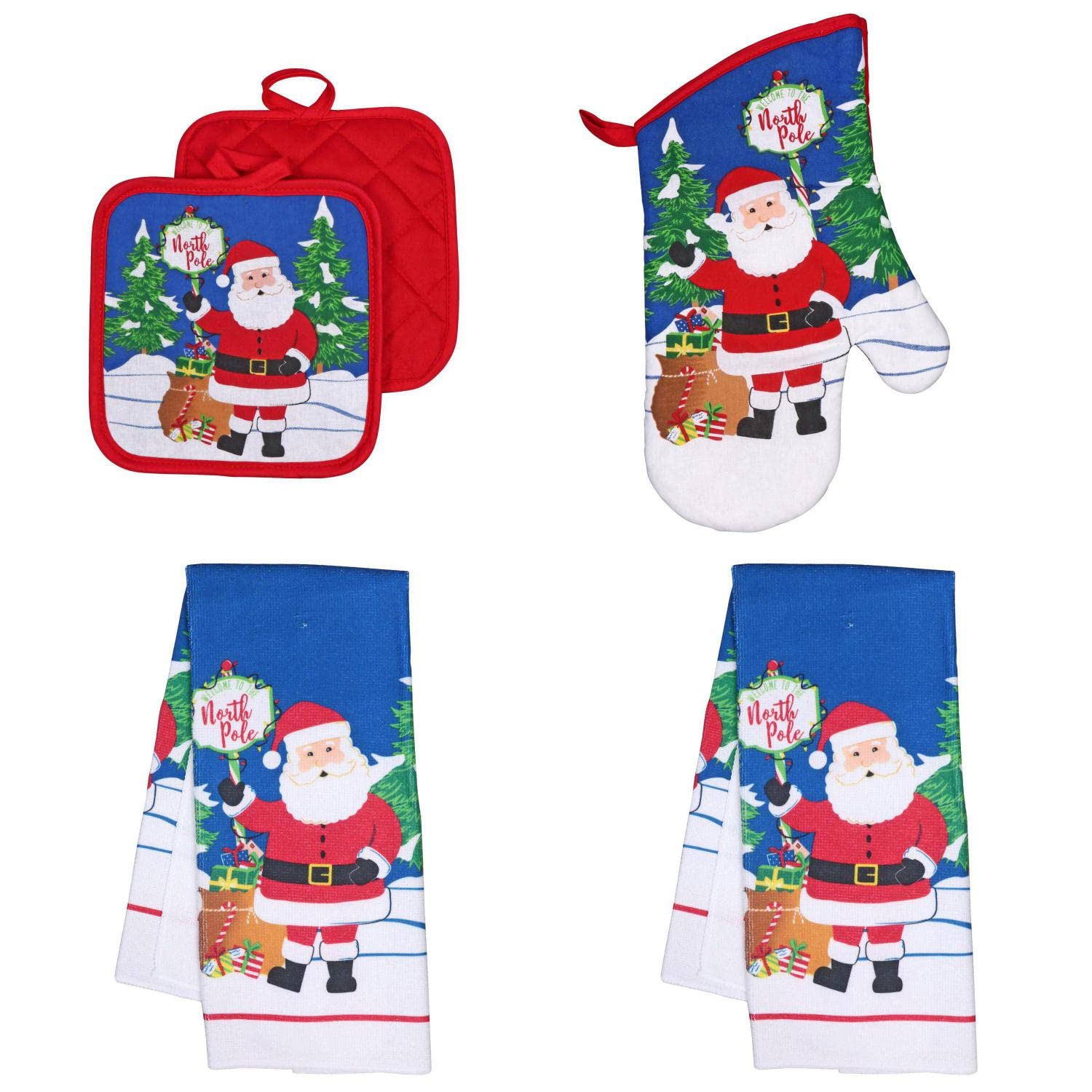 Festive Santa Claus Christmas Kitchen Linen Set - 1 Oven Mitt, 2 Pot Holders & 2 Dish Towels for Holiday Cooking & Baking | North Pole Themed Red & Blue Winter Decor