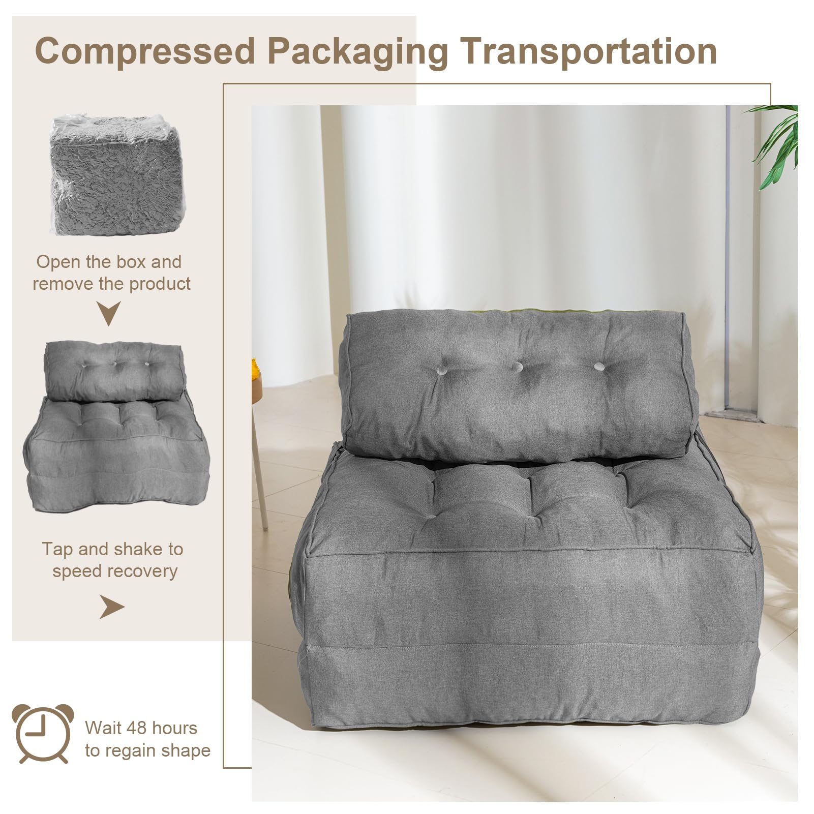 MAXYOYO Folding Couch Sofa Bed - Convertible Sleeper Chair with Back Support & Pillow, Space Saving Grey Futon for Small Apartments, Guest Rooms & Dorm Living