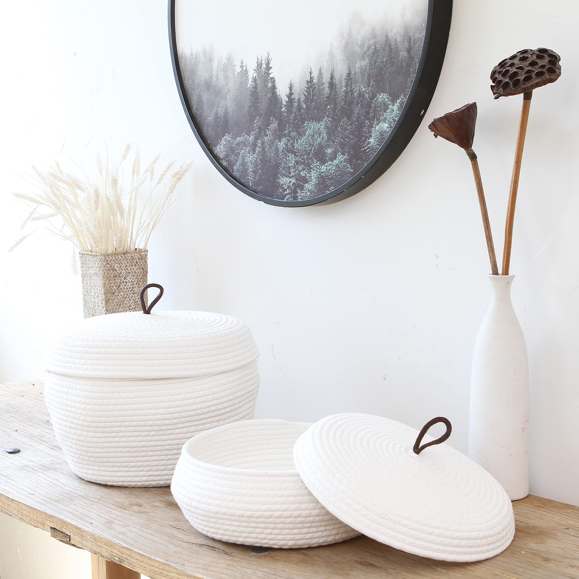 Sea Team Round Cotton Rope Storage Basket with Lid - Decorative Woven Organizer Bin for Home, Nursery & Office - Perfect for Snacks, Towels, Plants & Toys - 13 x 5.5 Inches (Large, Shallow, White) - Ideal for Living Room, Bedroom & Bathroom Storage