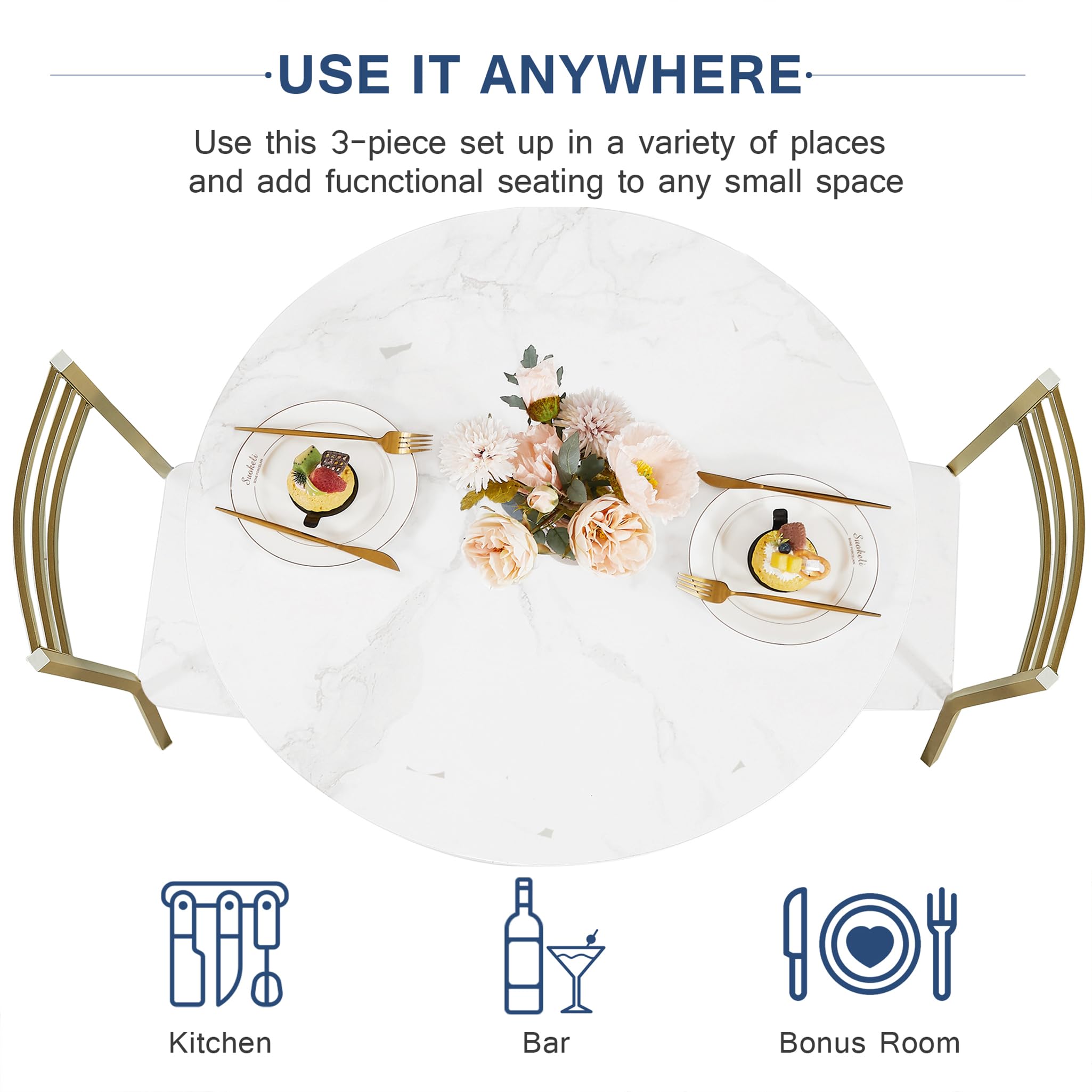 VECELO 2-Person Small Round Dining Table Set with Wood Tabletop & Sturdy Metal Frame - Modern Kitchen Dinette, Breakfast Nook & Living Room Furniture in White & Gold - Perfect for Small Spaces, Apartments & Cozy Dining Areas