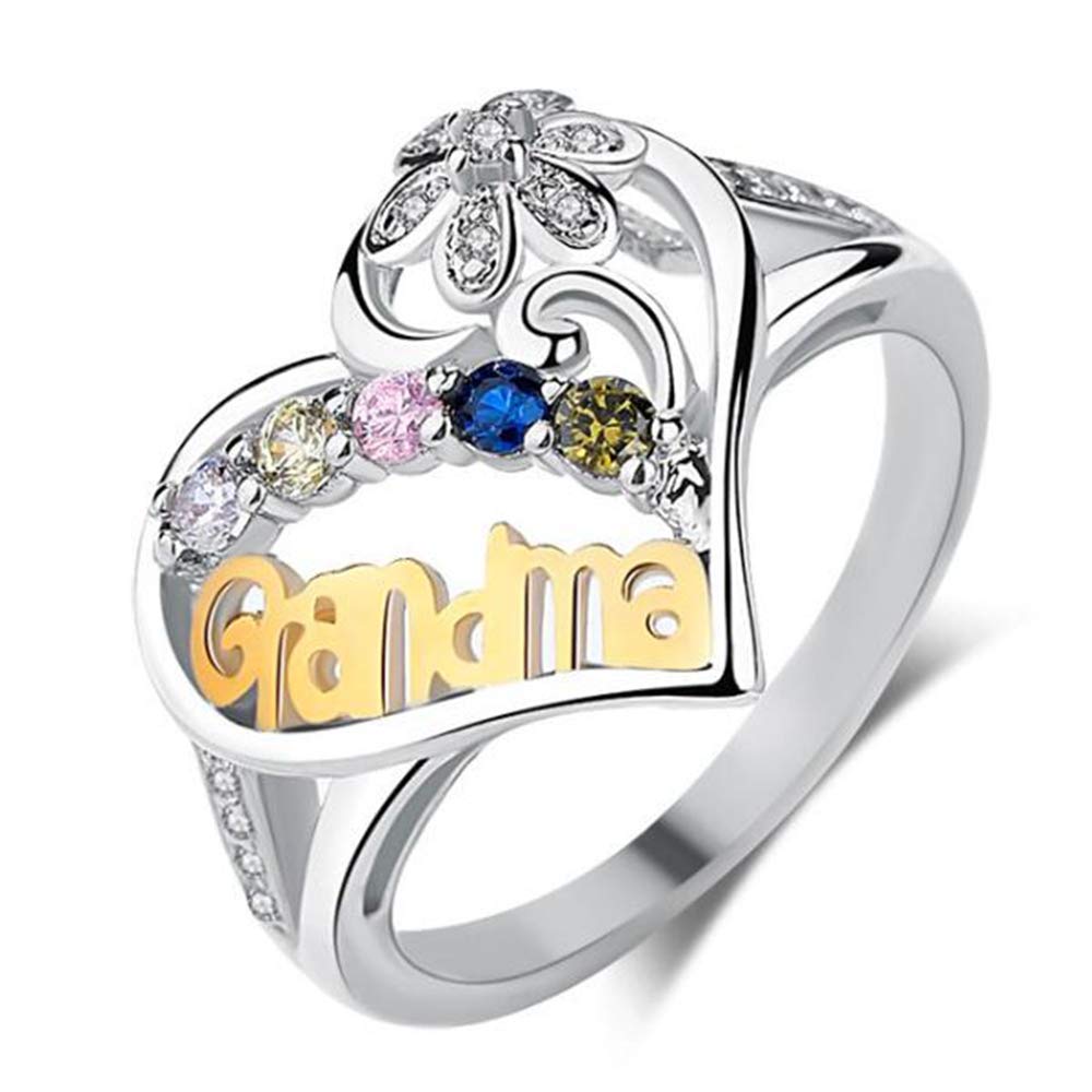 Elegant Silver Heart Gold Grandma Rhinestone Flower Ring - Vintage Style Jewelry for Women, Perfect Gift for Mother's Day, Anniversary & Special Occasions
