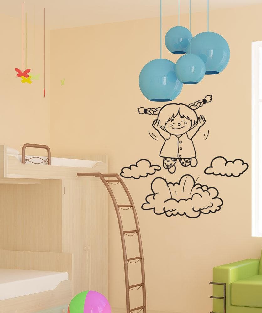 Vinyl Wall Decal Sticker - Cute Girl Hopping on Clouds Design - Removable Home Decor for Kids Room, Nursery, Bedroom - #OS_DC700