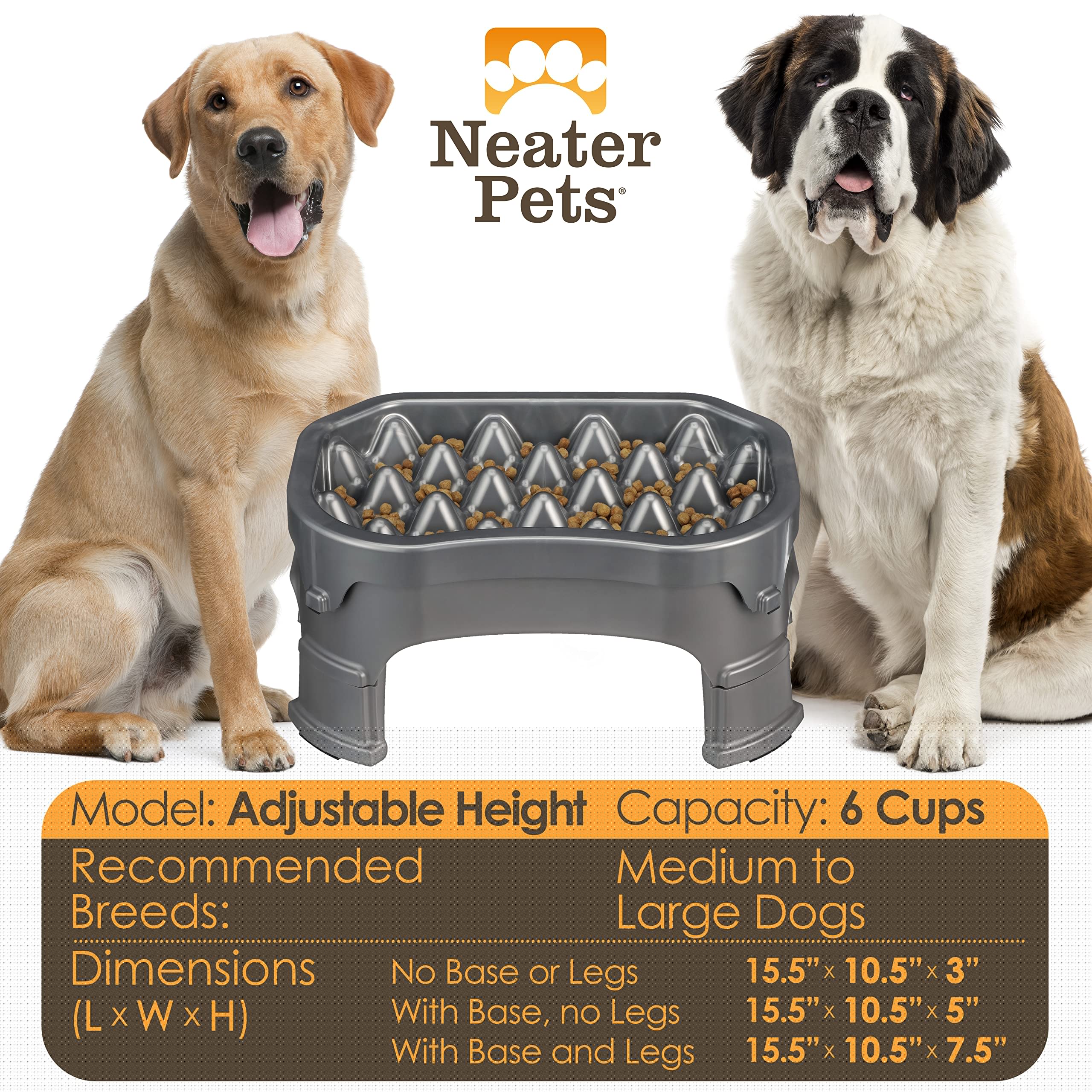 Neater Raised Slow Feeder Dog Bowl - Adjustable Elevated Pet Food Dish for Medium & Large Dogs - 6 Cup Capacity in Gunmetal - Perfect for Mealtime & Portion Control - Reduces Bloat & Improves Digestion