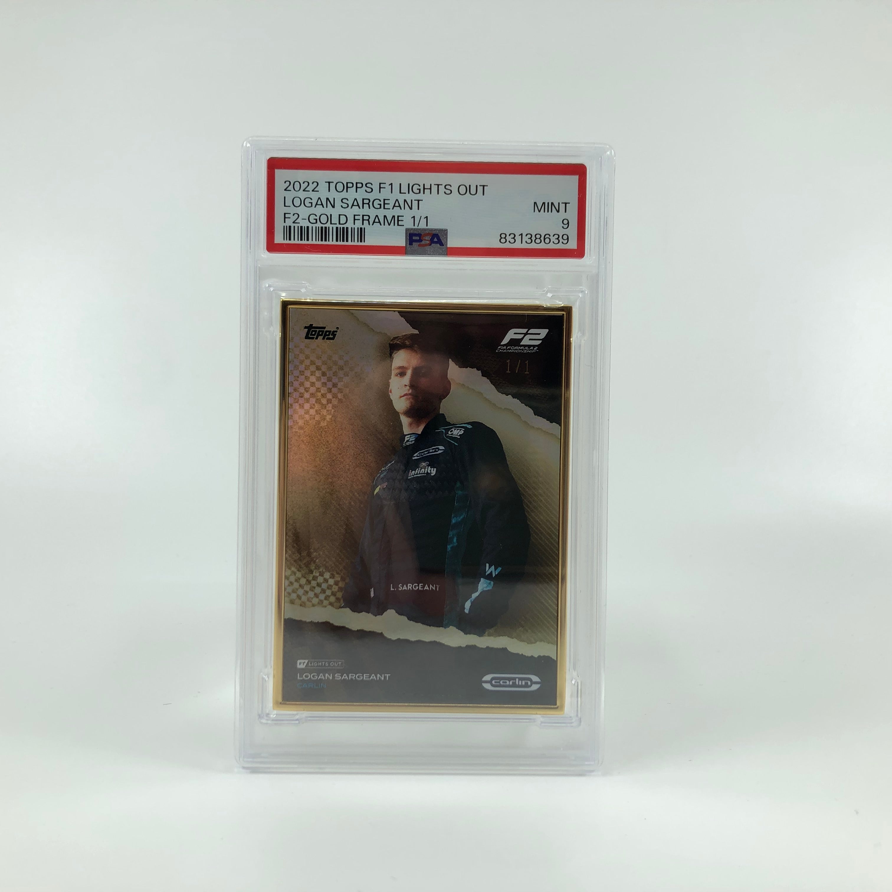 1/1 Gold Frame Logan Sargeant F2 Driver 2022 Lights Out PSA 9 - Rare Collectible Racing Memorabilia for Display & Investment