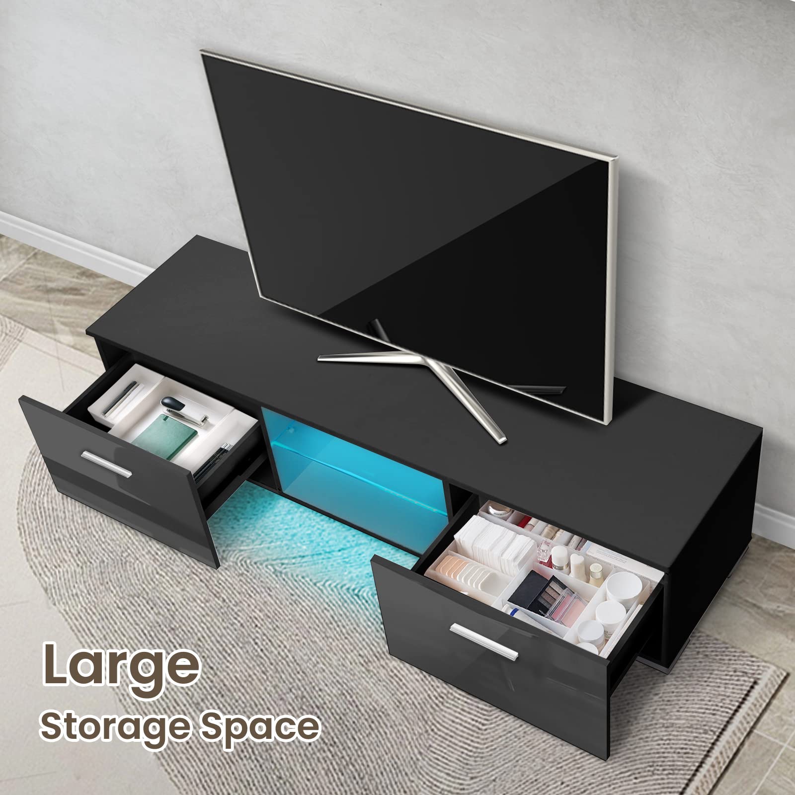 Modern LED TV Stand for 65 Inch TVs - Black Entertainment Center with Storage, Glass Shelves & 2 Drawers - High Gloss TV Cabinet with LED Lights for Living Room, Bedroom & Home Theater Setup