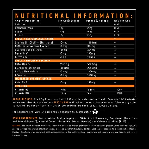 Efectiv Nutrition PRE 225g Pre Workout Powder - Focus, Energy & Dynamine Supplement for Intense Training & Gym Performance | Pre-Workout for Men & Women