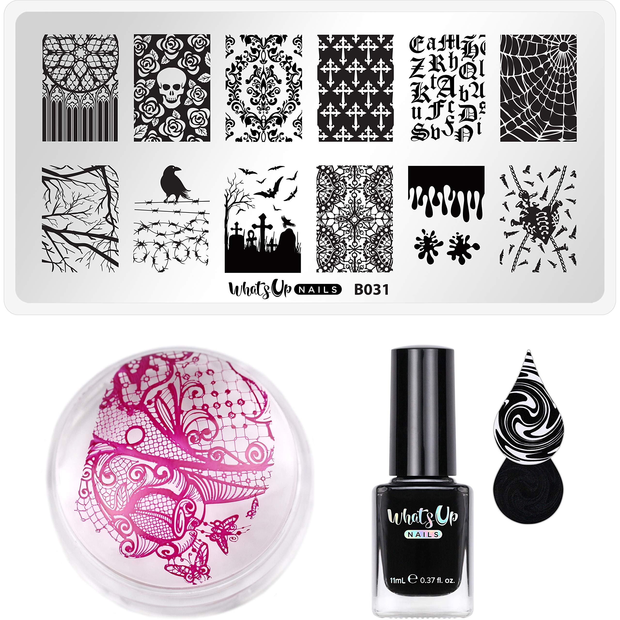 Whats Up Nails Stamping Starter Kit - Gothic Affection Stamping Plate, Neither Noir Polish & Magnified Stamper | DIY Nail Art Design for Beginners, Halloween & Gothic Style Manicures