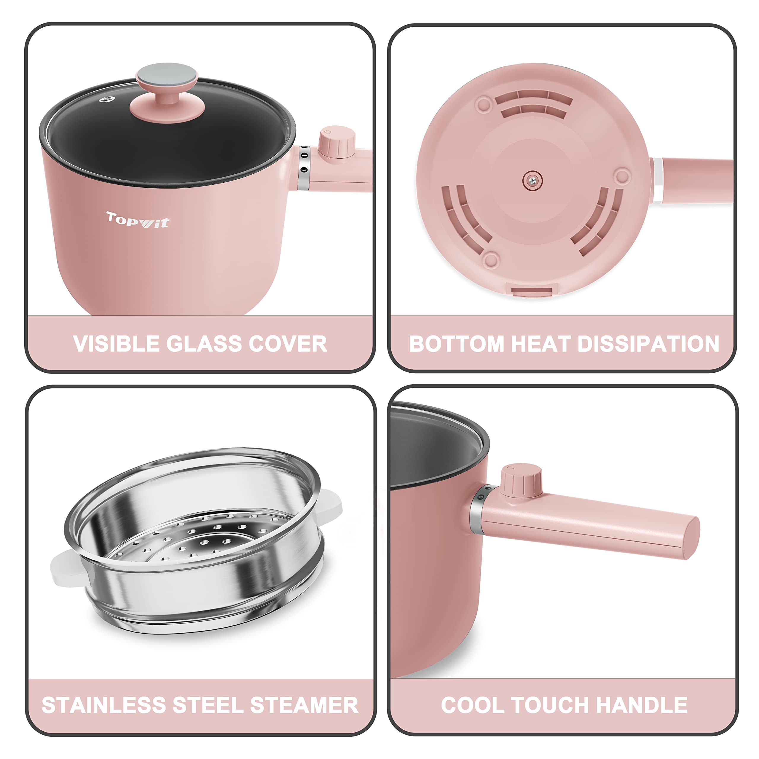 Topwit 1.5L Electric Hot Pot with Steamer - Multi-Functional Non-Stick Ramen Cooker & Pasta Pot, BPA Free, Dual Power Control, Overheat Protection - Perfect for Dorm, Office, Camping & Small Kitchen Cooking