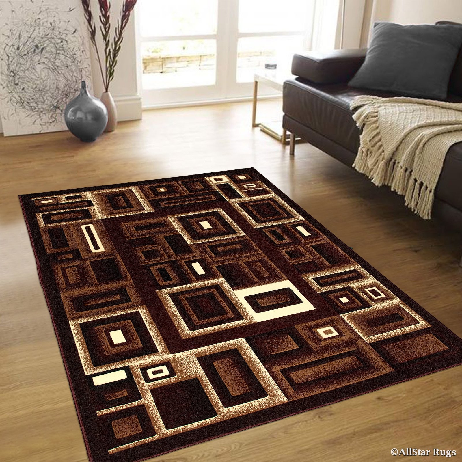 Allstar 8x10 Modern Burgundy & Mocha Machine-Woven Geometric Area Rug - Ivory & Espresso Contemporary Design (7'9