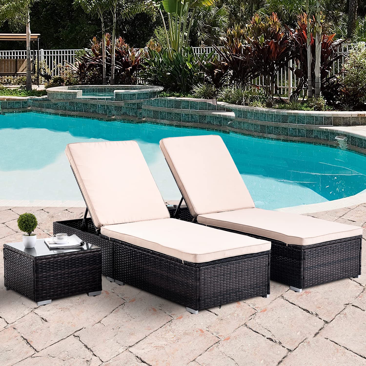 Premium Outdoor PE Wicker Chaise Lounge Set - 3-Piece Adjustable Reclining Patio Furniture with Rattan Coffee Table & 2 Cushions - Perfect for Poolside, Backyard, Garden Relaxation & Sunbathing