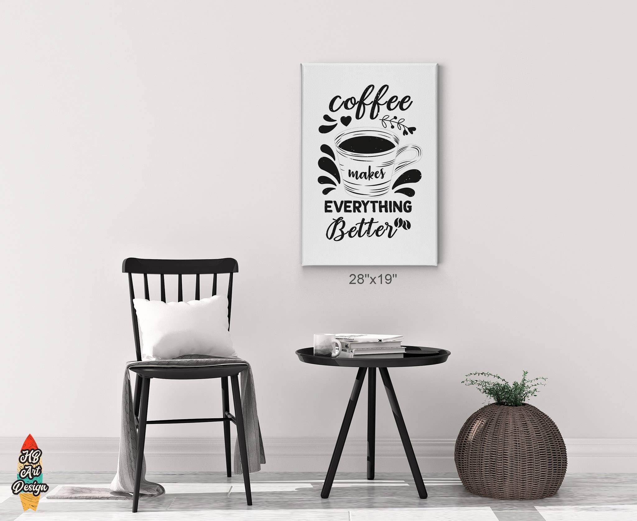 HB Art Design 'Coffee Makes Everything Better' Black Quote Canvas Print - 40x30 Inch Wall Art for Coffee Bar, Kitchen, Dining Room & Restaurant Decor - Perfect Gift for Coffee Lovers