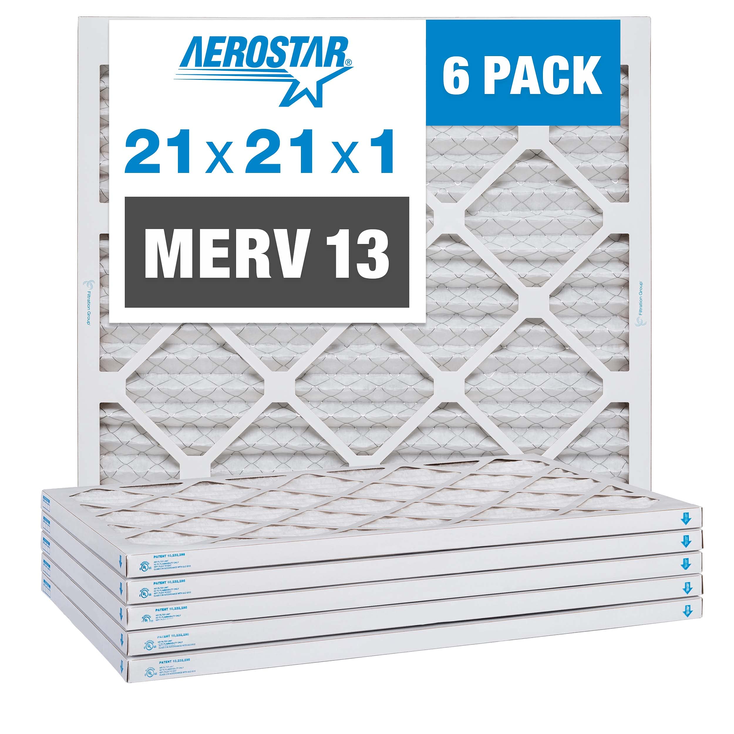 Aerostar 21x21x1 MERV 13 Pleated Air Filter for AC & Furnace - 6 Pack (20.875