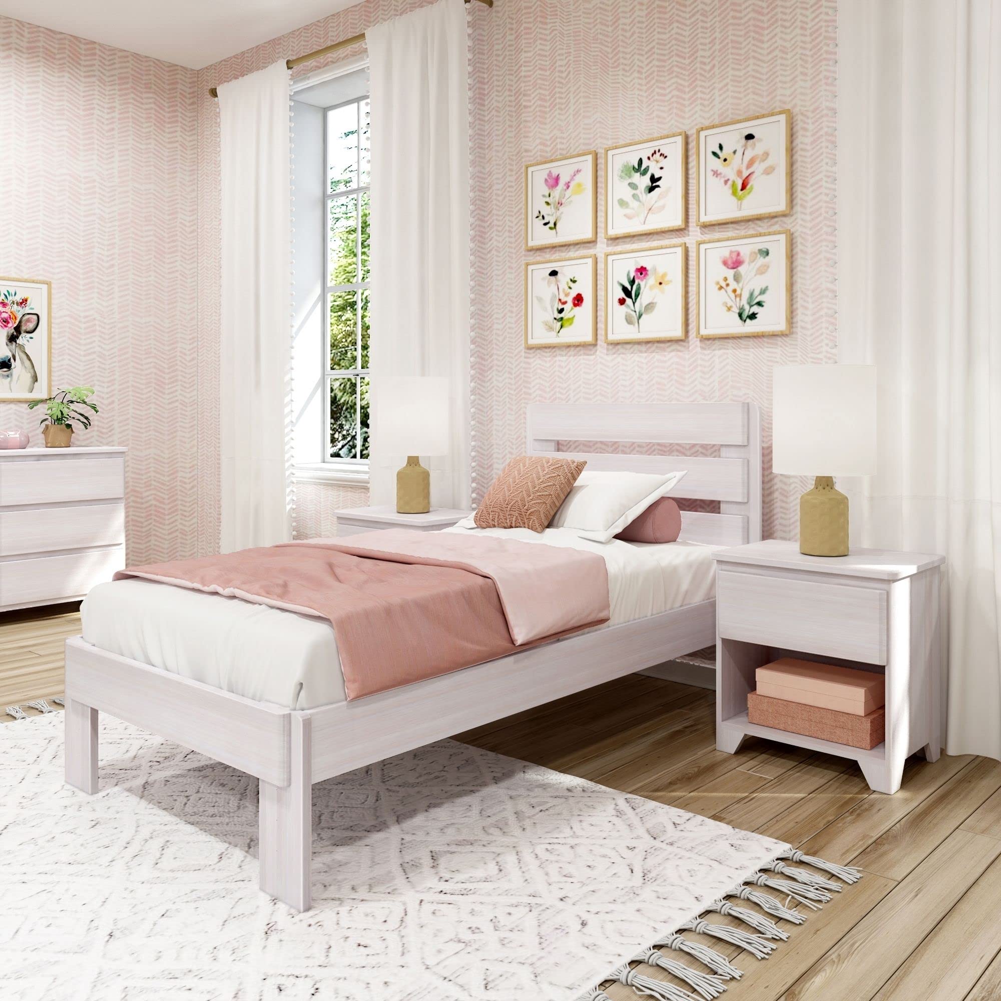 Max & Lily Modern Farmhouse Twin Bed Frame with Headboard - Solid Wood Plank Design in White Wash Finish - Perfect for Kids' Bedroom, Guest Room or Nursery Decor
