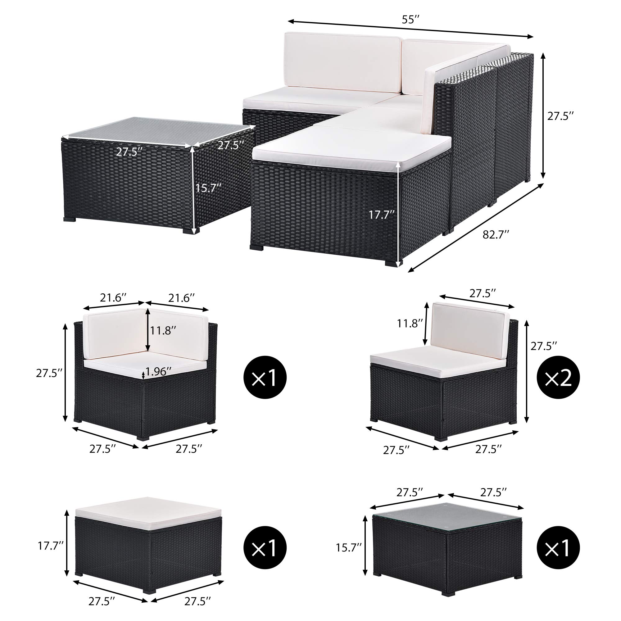 Beacon Pet 5-Piece Outdoor Patio Furniture Set - PE Rattan Wicker Sectional Sofa with Cushions & Glass Coffee Table - Perfect for Garden, Poolside, Balcony, Backyard & Outdoor Entertaining