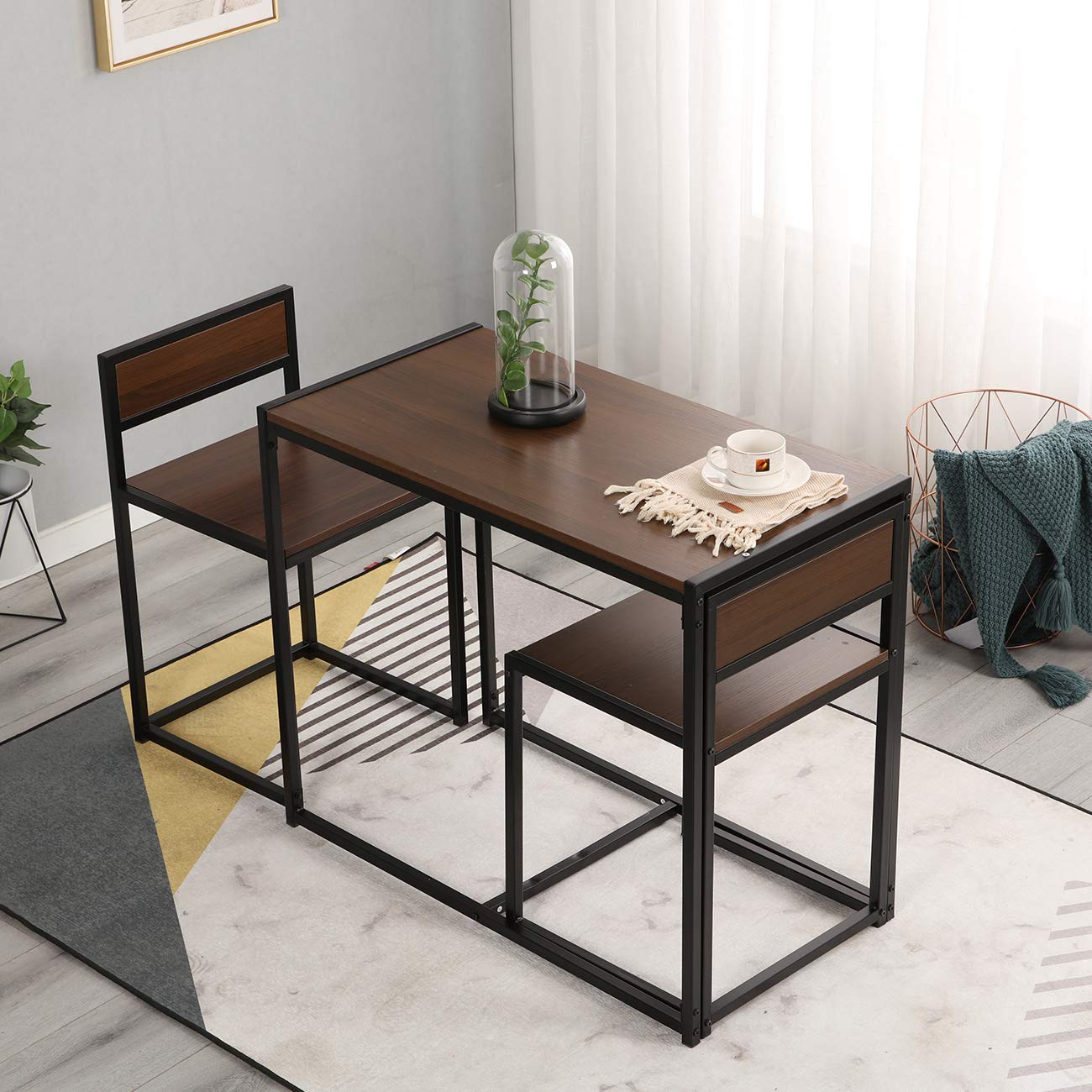 SogesPower 3-Piece Dining Table Set - Breakfast Nook & Kitchen Table with 2 Chairs, Walnut Finish - Perfect for Small Spaces, Apartments, and Home Offices