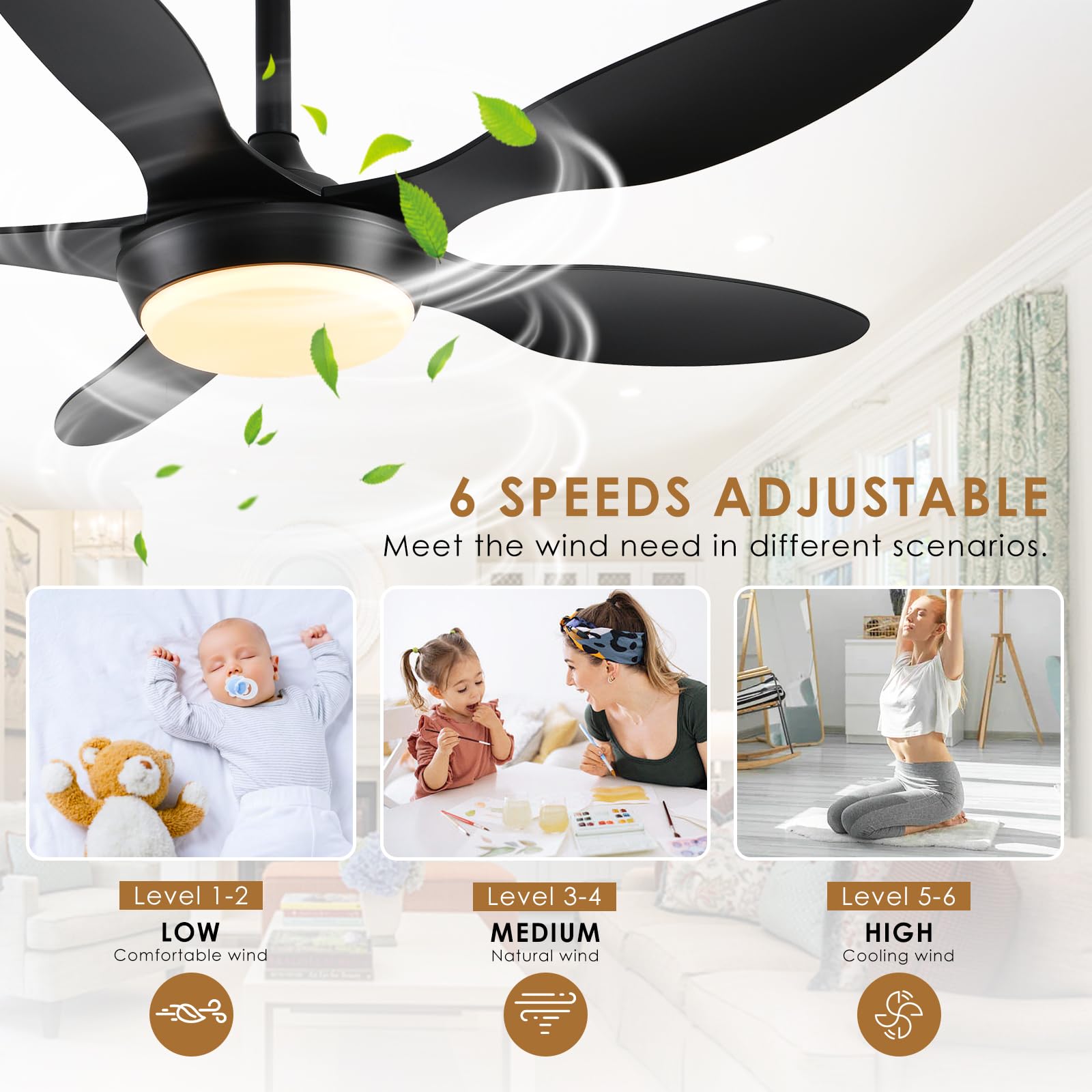46 Inch Black Modern Ceiling Fan with Light - Remote & APP Control, Low Profile Reversible 6-Speed - Perfect for Indoor/Outdoor Use in Bedroom, Living Room, Patio, and Office Spaces