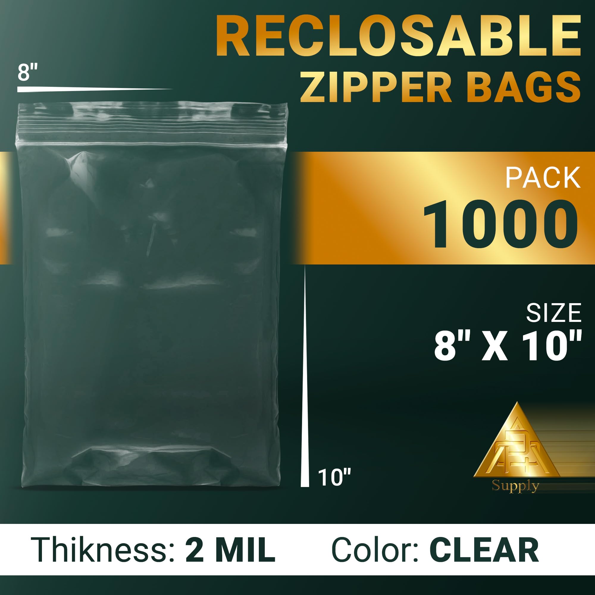1000 Pack 8x10 Inch Clear Reclosable Zipper Bags - 2 Mil Thick High Clarity Polypropylene Resealable Plastic Bags for Food Storage, Crafts, Office Supplies & Retail Packaging