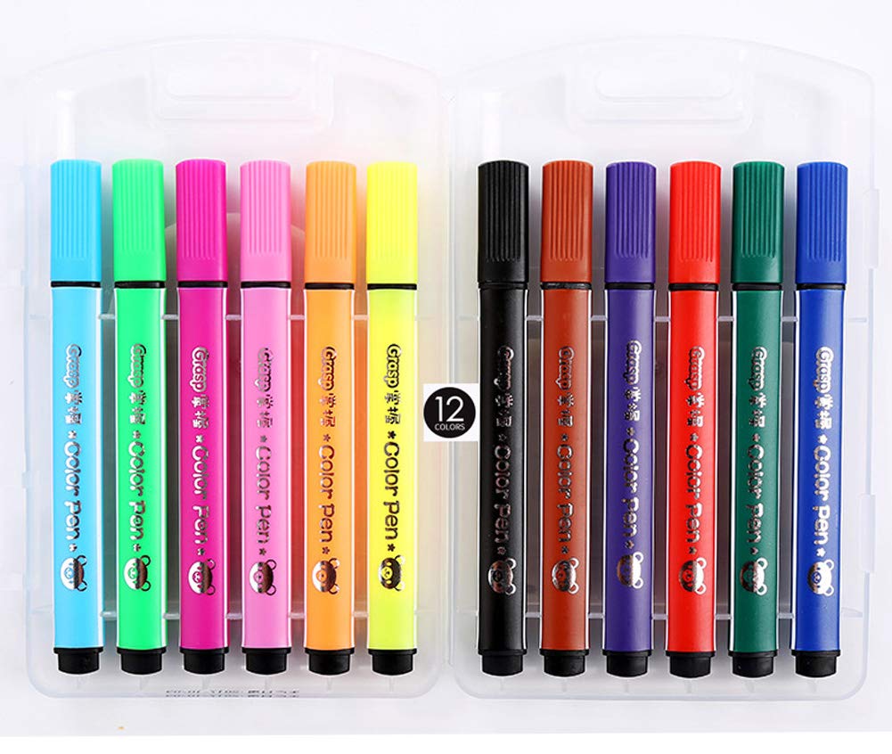 Washable Watercolor Markers Set of 12 Colors - Fine Tip Art Drawing Pens with Case for Kids & Adults - Non-Toxic Artist Coloring Supplies for Sketching, Calligraphy, Bullet Journaling and DIY Crafts
