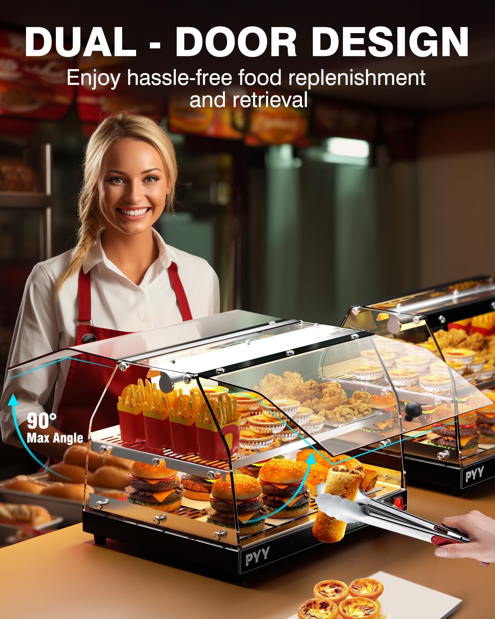 Commercial 2-Tier Pizza Warmer with LED Lighting - Countertop Food Display Warmer for Pastries, Pretzels & Snacks - Perfect for Bakeries, Cafes & Food Trucks