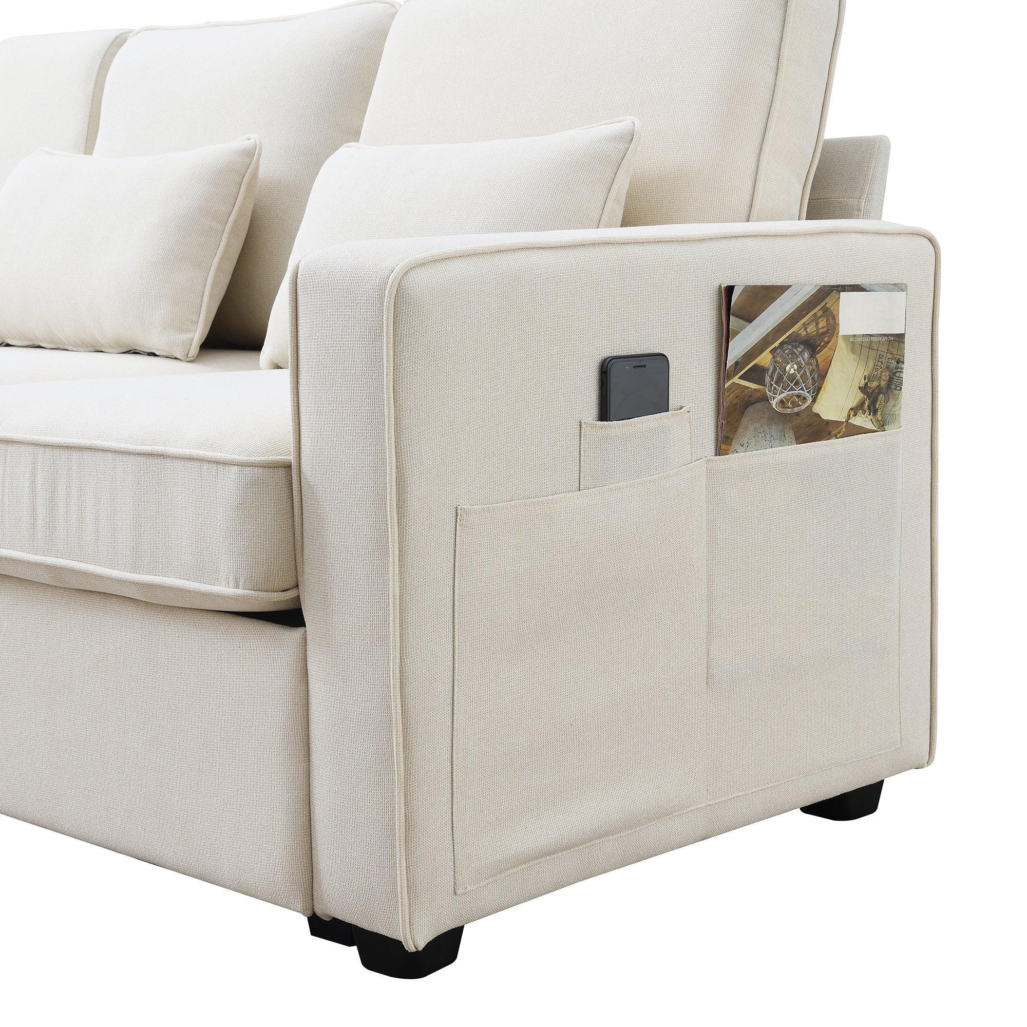 Modern 4-Seater Linen Fabric Sofa with Armrest Storage Pockets & 4 Throw Pillows - Minimalist Living Room Couch for Small Spaces, Apartments and Cozy Home Decor