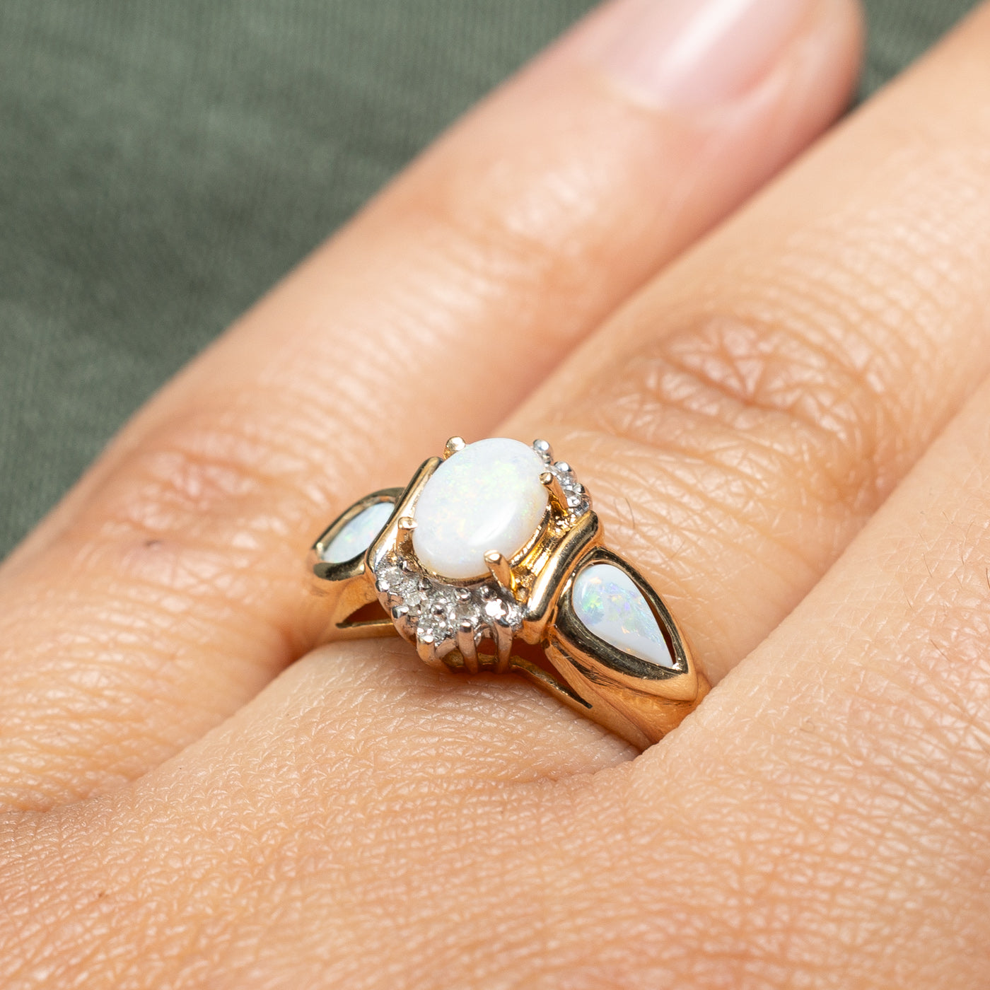 10K White Gold Opal & Diamond Semi Petal Ring - 0.60ctw Opal & 0.06ctw Diamond - Size 7.25 - Elegant Wedding Band, Anniversary Gift for Her, Perfect for Special Occasions & Everyday Wear