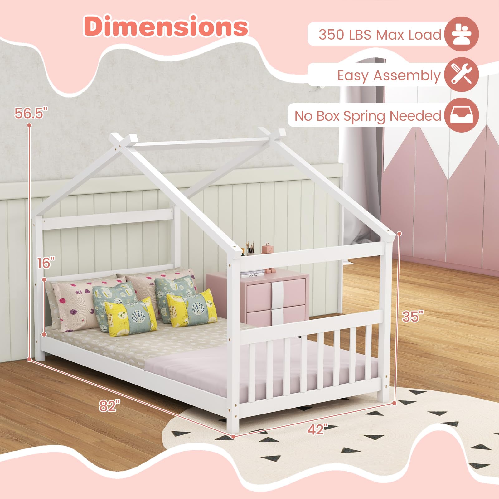 **KOMFOTT Twin Wood House Bed for Kids – Low Profile Floor Bed Frame with Roof, Headboard & Footboard – Montessori Tent Bed for Toddlers, Boys & Girls – No Box Spring Needed – White – Perfect for Playrooms, Bedrooms & Montessori Learning Spaces**