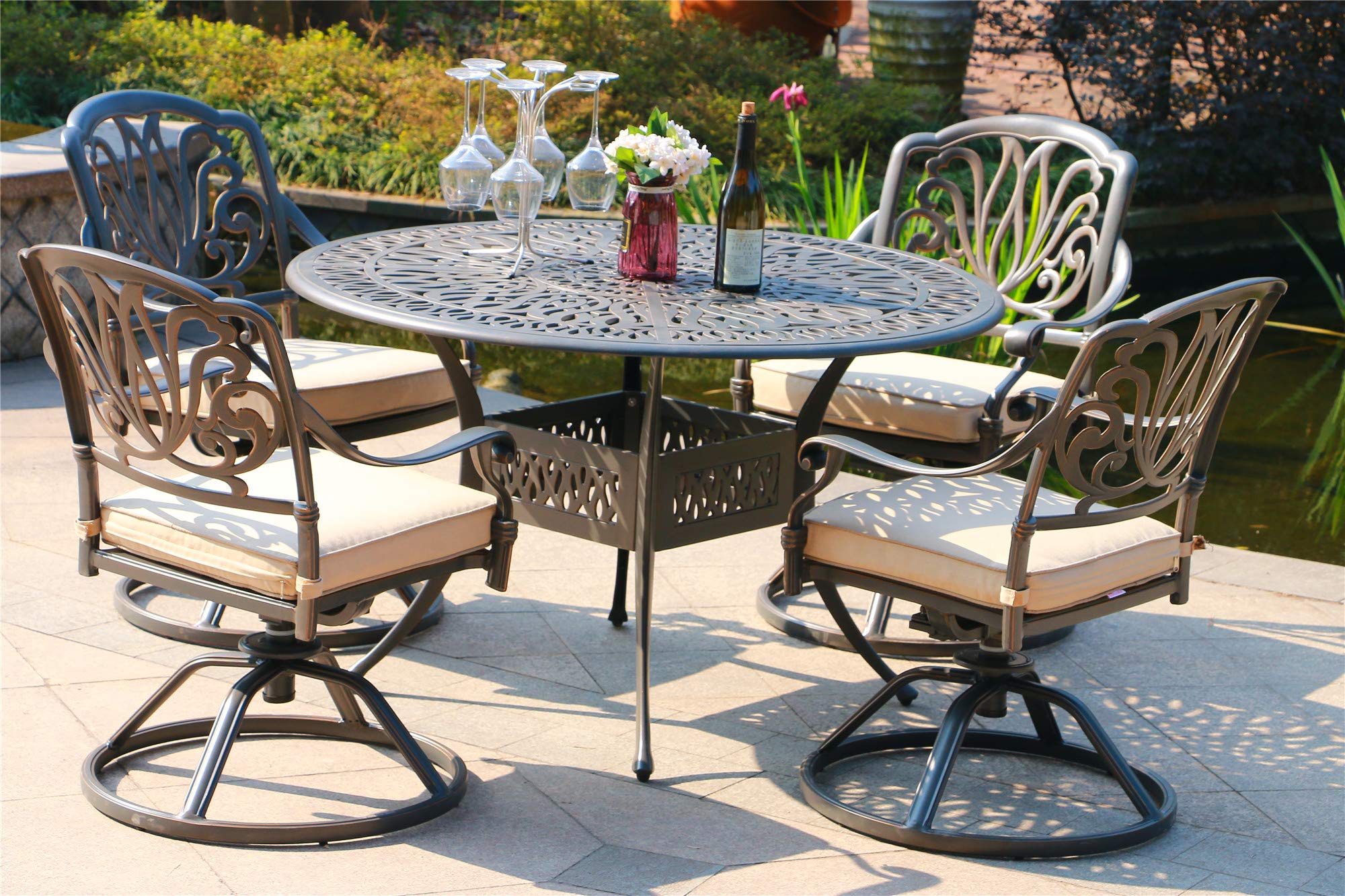 Athens Outdoor 5-Piece Aluminum Dining Set - All-Weather Rust-Resistant Patio Furniture with Cushioned Swivel Chairs & Round Table - Modern Durable Design for Backyard, Garden, Poolside or Terrace (Beige)