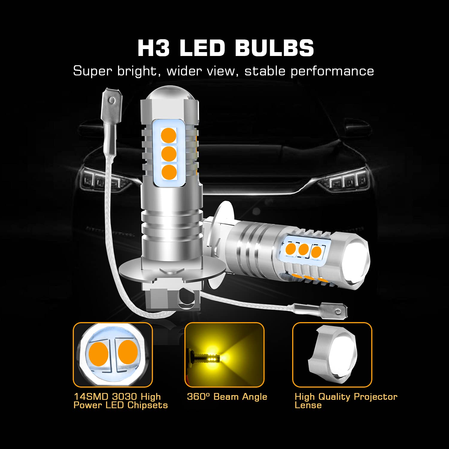 H3 LED Fog Light Bulbs 2-Pack - Super Bright 3030 Chips with Projector Lens - Golden Yellow H3 LED Bulbs for Car Fog Lights & DRL - Perfect for Night Driving, Off-Roading & Low Visibility Conditions