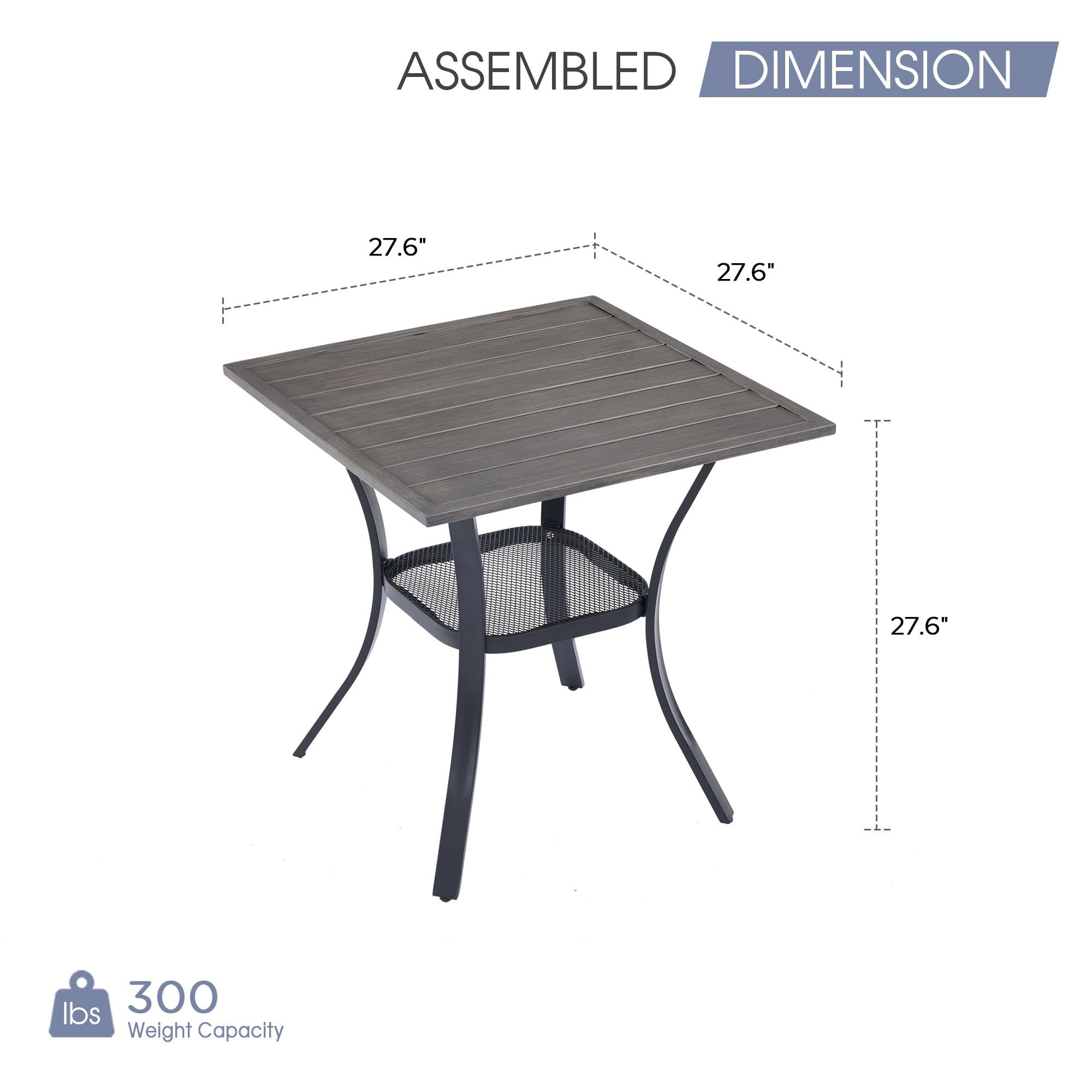VICLLAX Small Square Metal Patio Dining Table for 2-4 People with Slatted Tabletop & Storage Shelf - Outdoor Garden, Front Porch, Lawn Furniture in Antique Grey (No Umbrella Hole) - Perfect for Backyard BBQs, Morning Coffee, and Small Space Dining