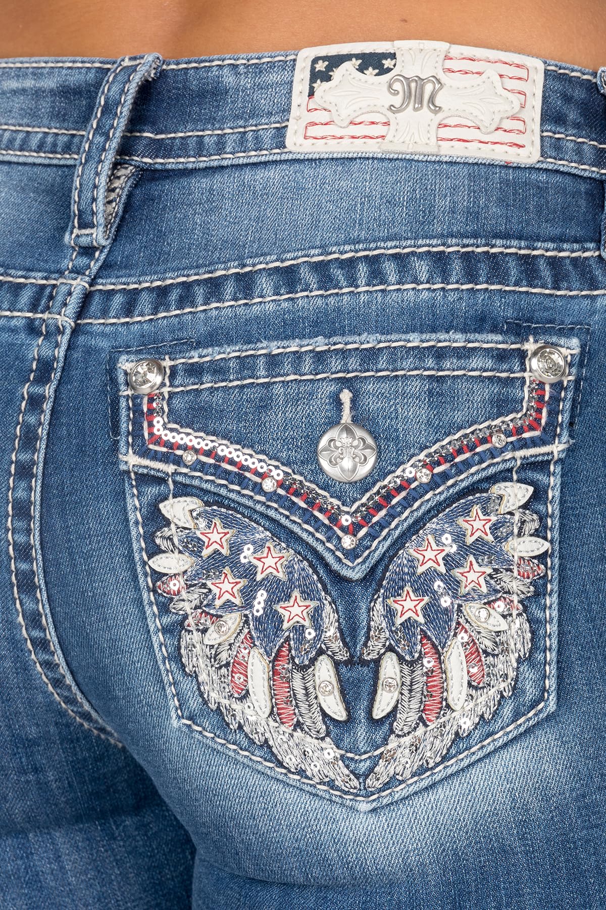 Miss Me Women's Mid-Rise Bootcut Jeans - Patriotic Red White & Blue Feather Design, Stretch Denim with Faux Flap Pockets | Comfortable & Stylish for Casual Wear, Date Night & Western Outfits