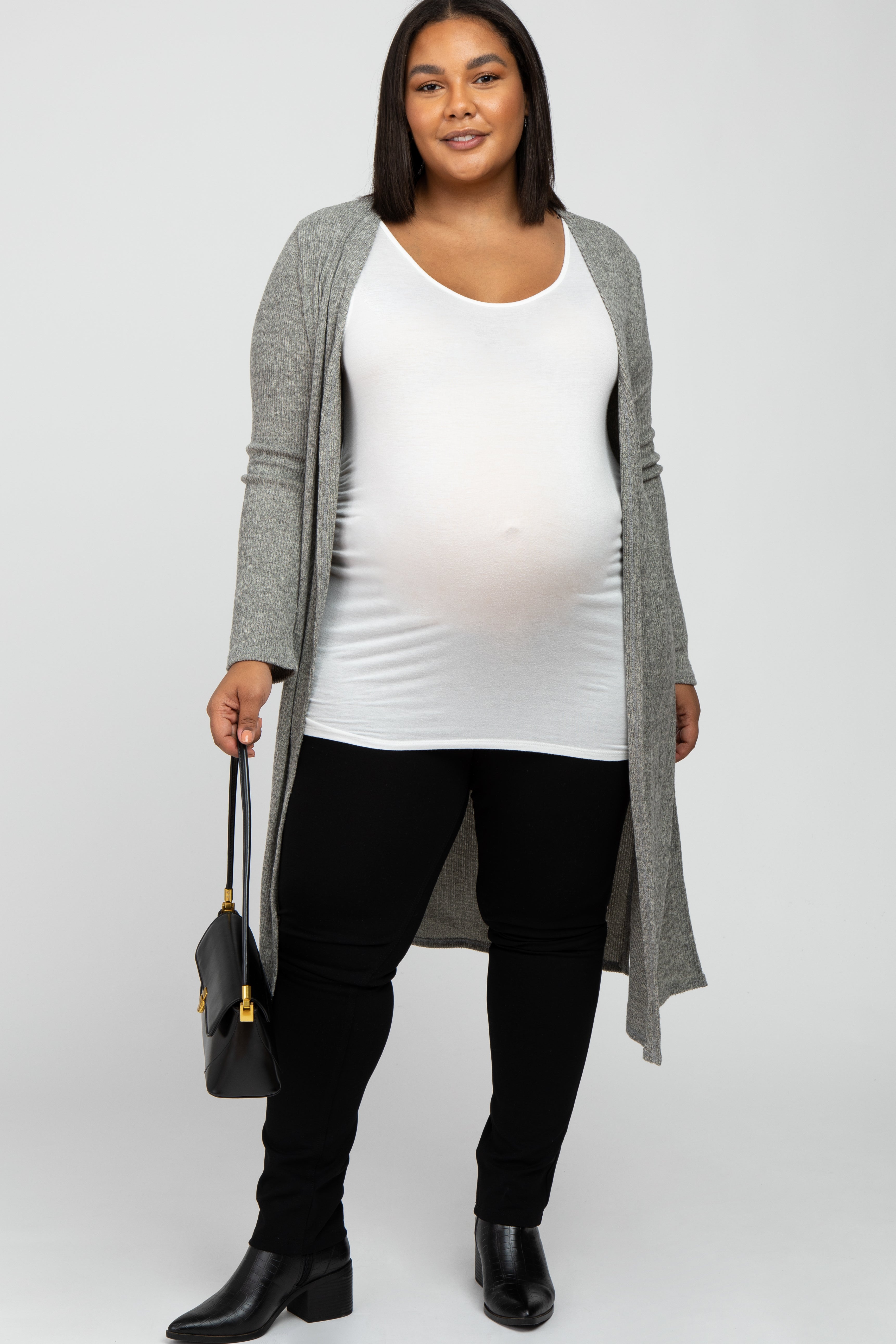 Beige Heathered Ribbed Long Cardigan for Women - Maternity Open Front Sweater with Side Slits | Perfect for Pregnancy, Nursing & Casual Wear