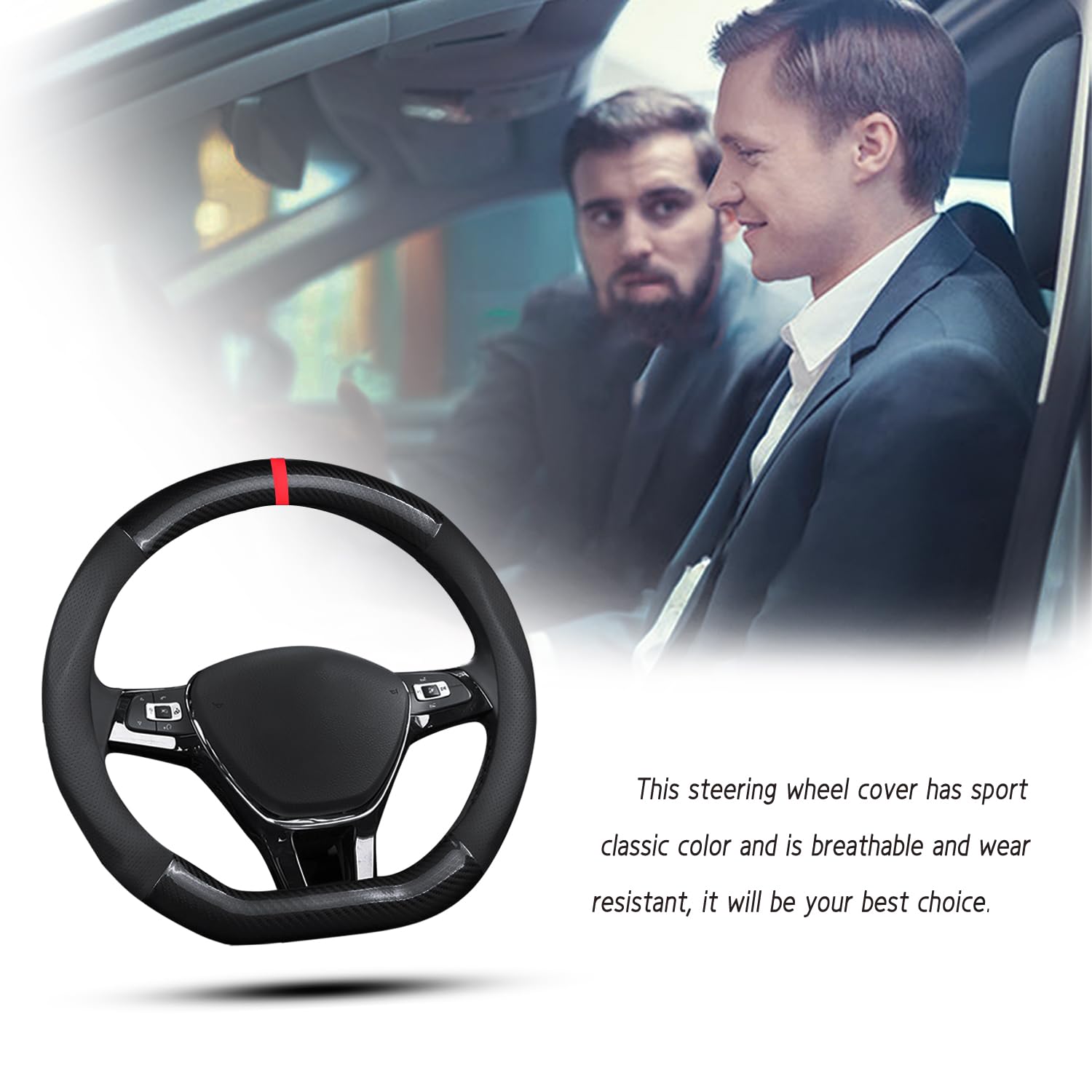 Non-Slip Carbon Fiber & PU Leather D-Shaped Steering Wheel Cover - Universal Fit for 38cm(15