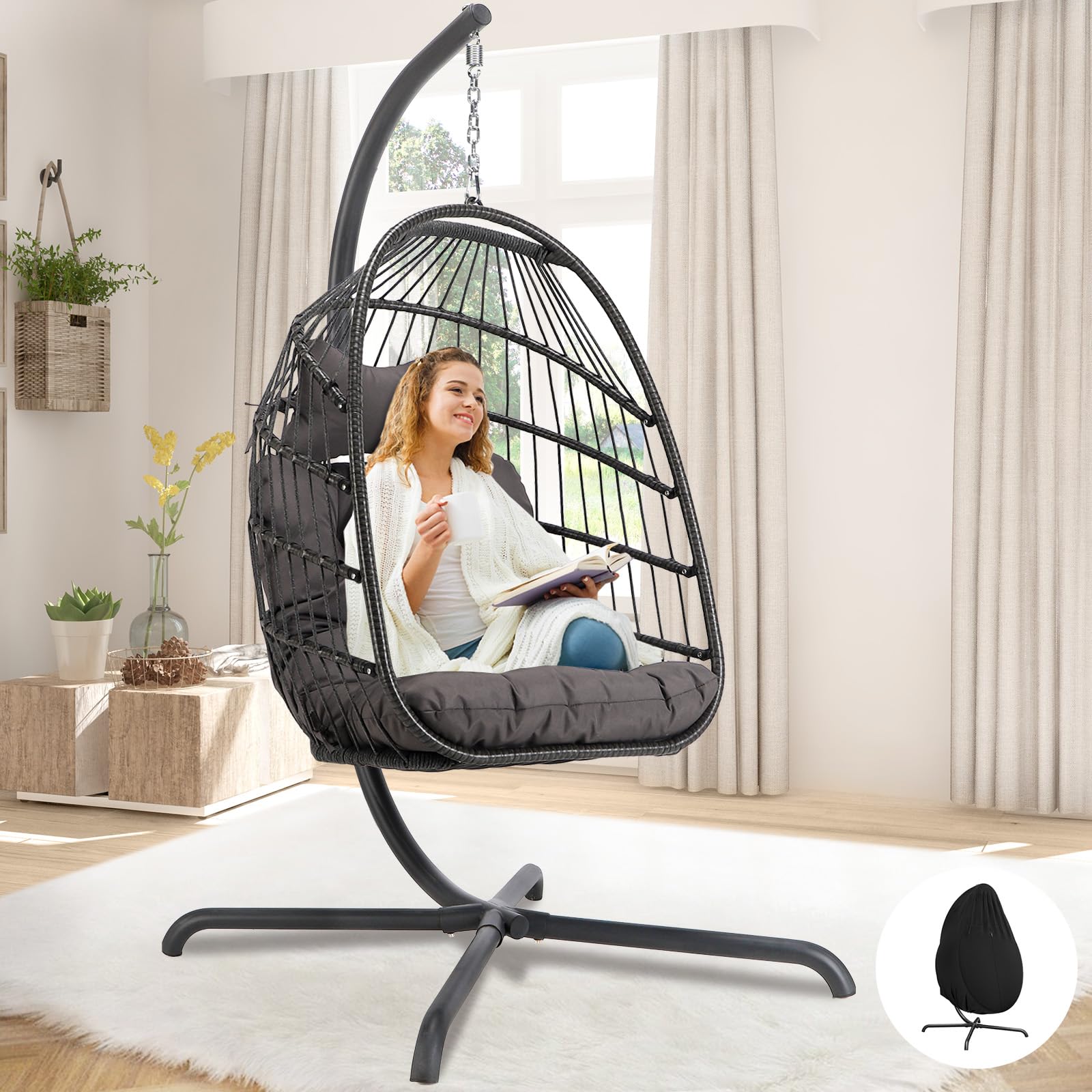 Hanging Egg Chair with Stand - Outdoor Swinging Chair with Water Resistant Cushions - Foldable Wicker Basket Chair for Patio, Garden, Balcony & Indoor Use - 350lb Weight Capacity (Dark Grey with Protective Cover) - Perfect for Relaxing, Reading & Lounging in Backyard or Sunroom